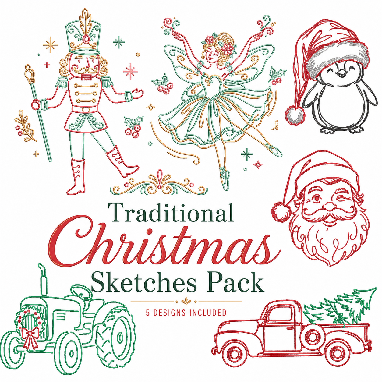 Traditional Christmas Sketches Embroidery Bundle